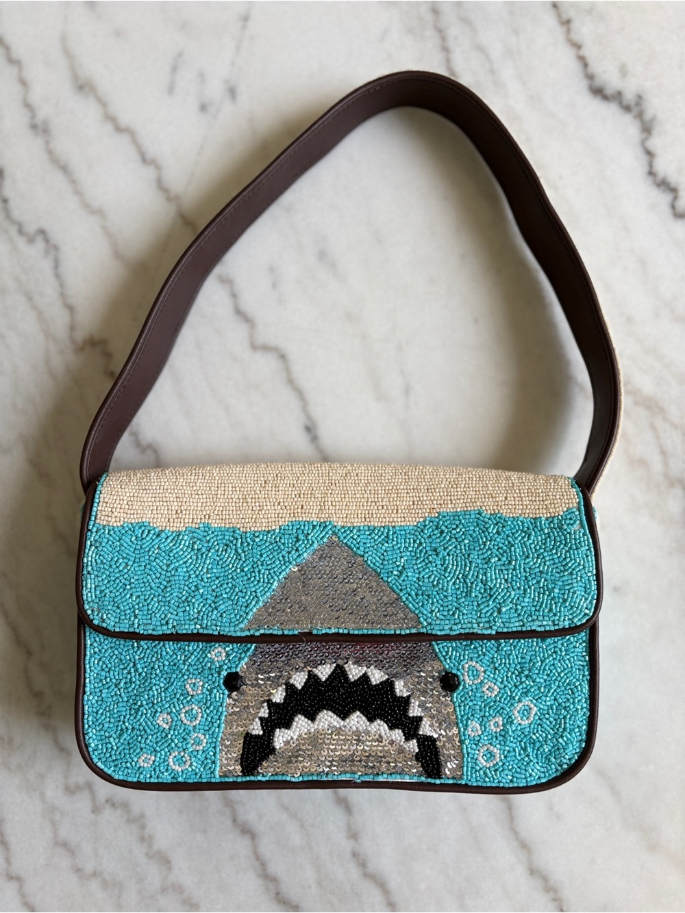 STAUD Tommy Bag Beaded Turquoise and Cream Shark Shoulder Bag